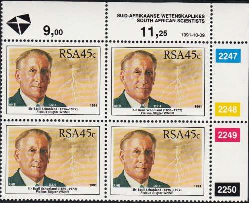 RSA 1991: SOUTH AFRICAN SCIENTISTS FULL SET CONTROL BLOCKS OF 4 MNH (SACC 753-756)