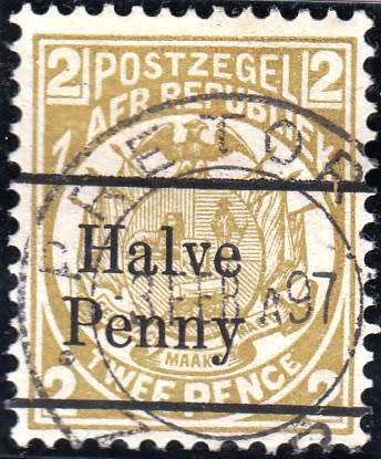 TRANSVAAL 2nd REPUBLIC 1893: ZAR 2d SURCHARGED ''HALVE PENNY" IN BLACK USED (SACC201) - 12½ SPACING