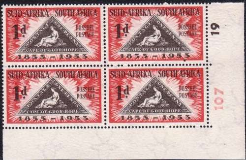 UNION 1953: CENTENARY OF 1st ISSUE OF CAPE TRIANGULAR STAMP SET CONTR. BLOCKS OF 4 MNH (SACC143-144)