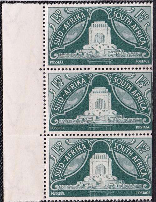 UNION 1949: INAUGURATION OF VOORTREKKER MONUMENT 1½d MARGINAL STRIP OF 3 MH (SACC131)