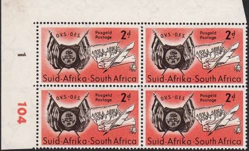 UNION 1954: CENTENARY OF ORANGE FREE STATE 2d TOP LEFT CONTROL BLOCK MNH (SACC148)