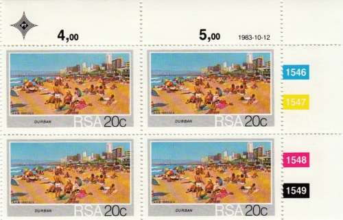 RSA 1983: TOURISM. S.A. BEACHES 20c CONTROL BLOCK MNH (SACC 554)