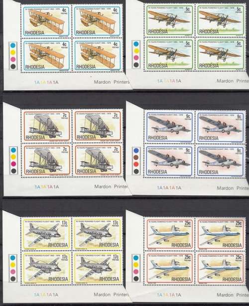 RHODESIA 1978: 75th ANNIV. OF POWERED FLIGHT CONTROL BLOCKS A FULL SET MNH (SACC333-338)
