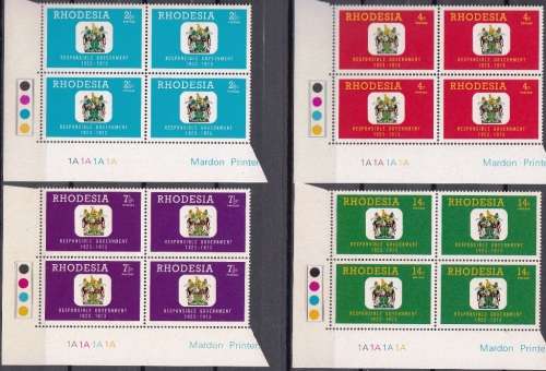 RHODESIA 1973: 50th ANNIVERSARY OF RESPONSIBLE GOVERNMENT SET CONTROL BLOCKS 1A MNH (SACC246-249)