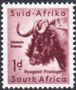 UNION OF S.A. 1954: DEFINITIVE ISSUE 1d BLACK WILDEBEEST MNH (SACC 151)