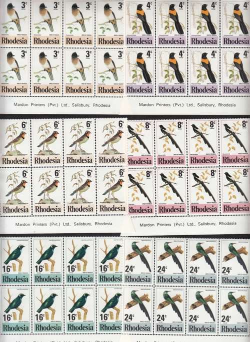RHODESIA 1977: BIRDS (2nd ISSUE) FULL SET IMPRINT BLOCKS OF 8 MNH (SACC300-305)