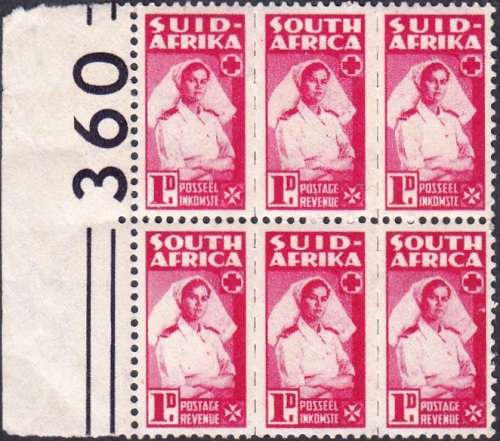 UNION OF SA 1944: WAR EFFORT 1d BANTAM FORMAT CONTROL BLOCK OF 6 MNH (SACC96a) - PURPLE MARGIN