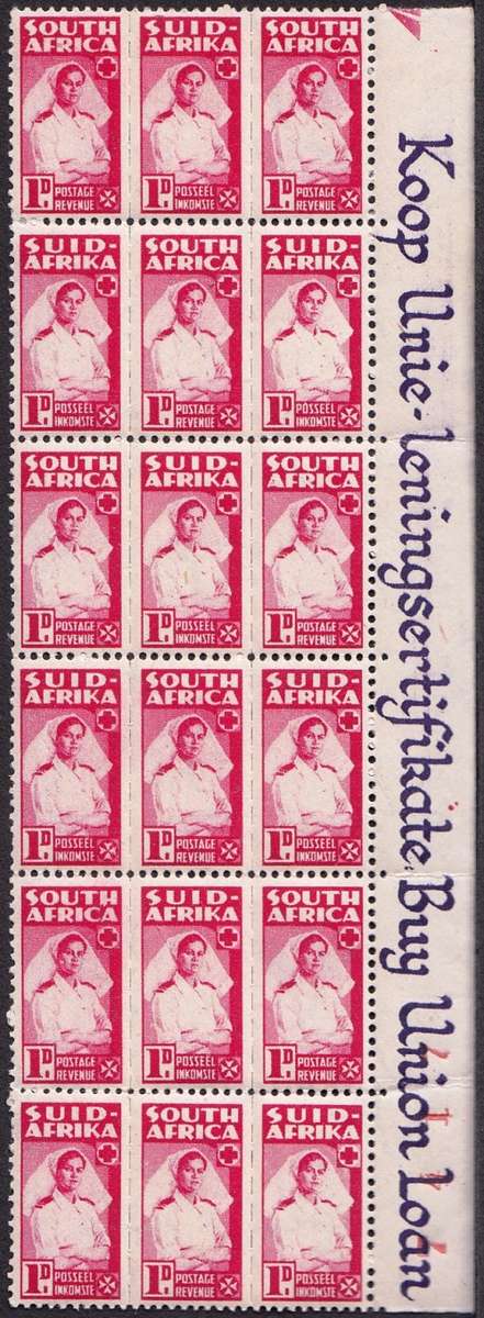 UNION OF SA 1944: WAR EFFORT 1d BANTAM FORMAT CNT BLK OF 18 MNH (SACC96a) - VIOLET MARGIN & SHEET NO