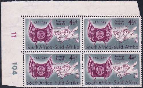 UNION 1954: CENTENARY OF ORANGE FREE STATE 4½d TOP LEFT CONTROL BLOCK MNH (SACC149)