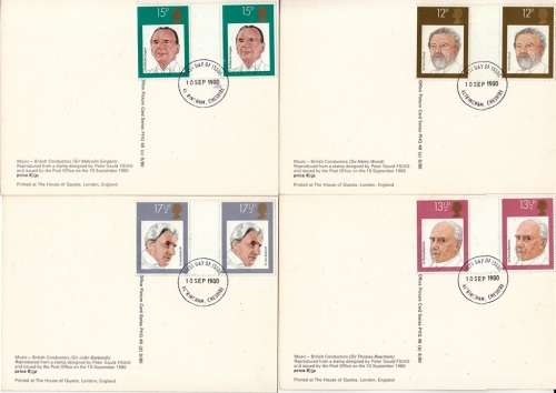 GB POSTCARD SET OF 4: PHQ 46: `BRITISH CONDUCTORS` gutter pair stamps and FIRST DAY ISSUE CANCEL