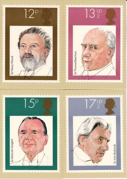 GB POSTCARD SET OF 4: PHQ 46: `BRITISH CONDUCTORS` gutter pair stamps and FIRST DAY ISSUE CANCEL