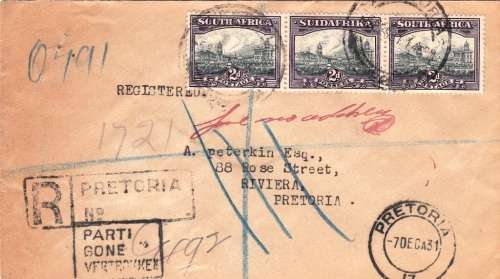 UNION OF SA REG. COVER 1931: 3x2d UNION BUILDING STAMPS