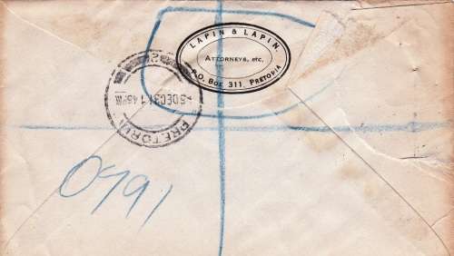 UNION OF SA REG. COVER 1931: 3x2d UNION BUILDING STAMPS