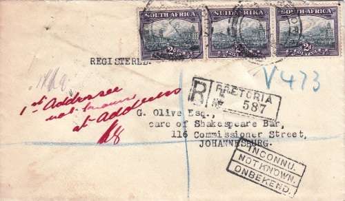 UNION OF SA REG. COVER 1932: 3x2d UNION BUILDING STAMPS - "NOT KNOWN" CACHET
