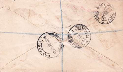 UNION OF SA REG. COVER 1932: 3x2d UNION BUILDING STAMPS - "NOT KNOWN" CACHET