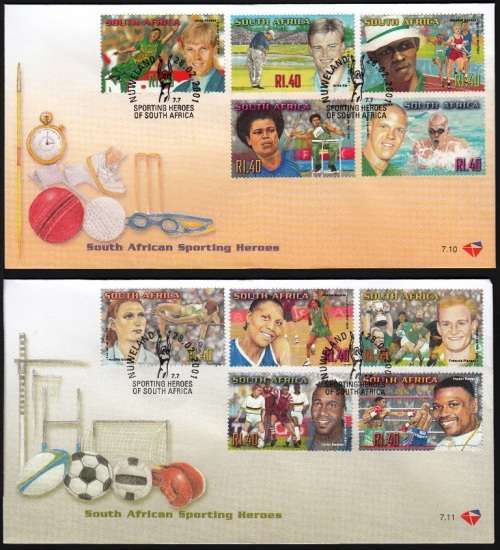 RSA 2001: OFFICIAL FDC 7.10 and 7.11 SOUTH AFRICAN SPORTING HEROES