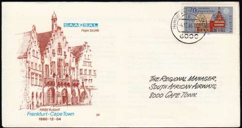 RSA SAA#34 1980: FIRST FLIGHT FRANKFURT TO CAPE TOWN - CANCEL NO. 6000
