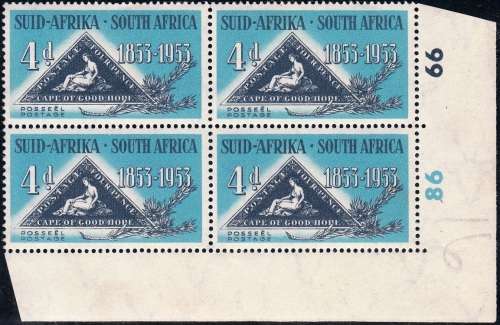UNION 1953: CENTENARY OF 1st ISSUE OF CAPE TRIANGULAR STAMP SET CONTR. BLOCKS OF 4 MNH (SACC143-144)