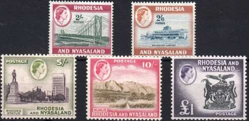 RHODESIA and NYASALAND 1953: DEFINITIVE ISSUE 5 TOP VALUES MNH (SACC 89-93)