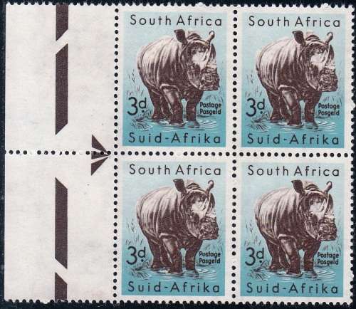 UNION 1959: DEFINITIVE ISSUE 3d RHINOCEROS LEFT ARROW BLOCK (ARMS WMK) MNH (SACC 171)