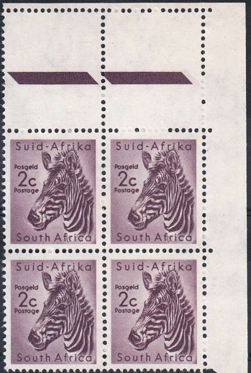 UNION 1961: DEFINITIVE ISSUE 2c MOUNTAIN ZEBRA TR CORNER BLOCK OF 4 MNH (SACC 187)