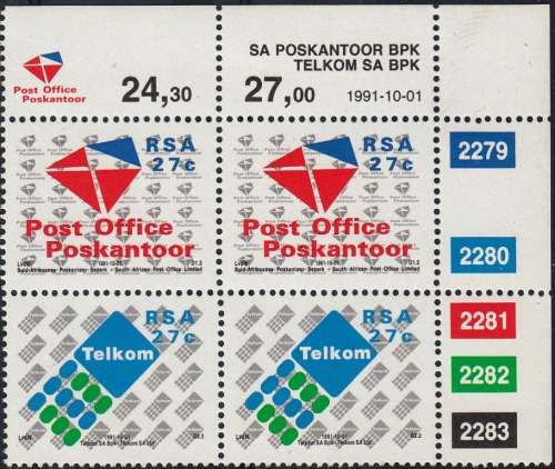 RSA 1991: ESTABLISHMENT OF SAPO and TELKOM CONTROL BLOCK OF 4 MNH (SACC 751-752)