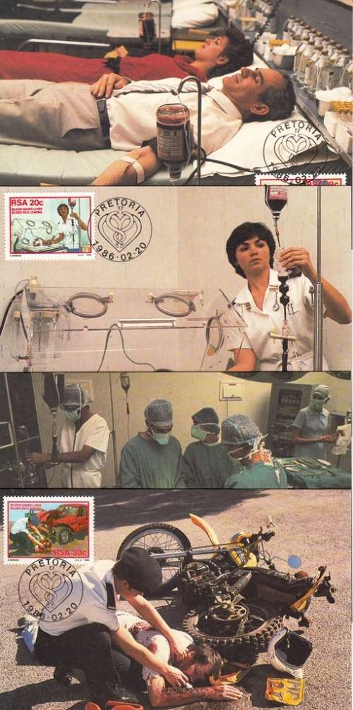 RSA POST CARDS 1986: DONATE BLOOD FULL SET OF FOUR UNUSED CTO IN ORIGINAL PACKAGING