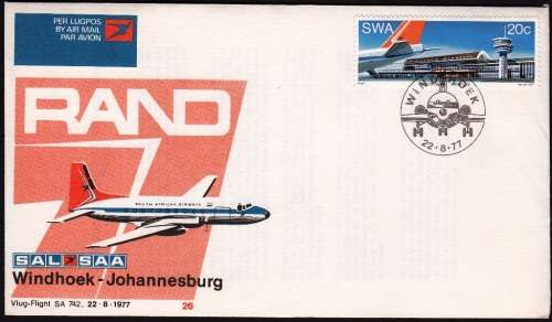 RSA 1977: SAA COVER NO 26  - FLIGHT WINDHOEK TO JHB