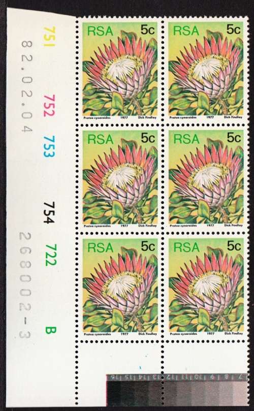 RSA 1977 3rd DEF. ISSUE 5c CONTROL BLOCK OF 6 PANES A + B (4-2-1982) MNH (SACC 422a) PERF BOTTOM