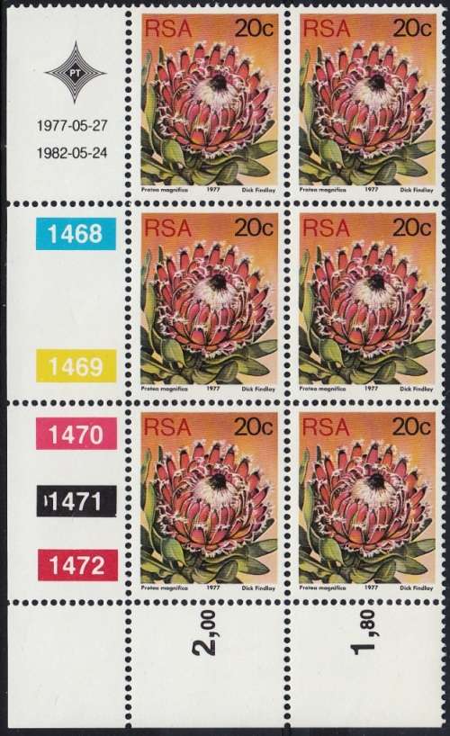 RSA 1977 3rd DEFINITIVE ISSUE 20c CONTROL BLOCK OF 6 (24-5-82) MNH (SACC 429b) - glossy paper