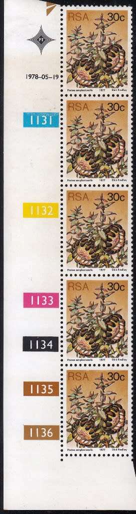 RSA 1977 3rd DEFINITIVE ISSUE 30c CONTROL STRIP OF 5 (19-5-78) MNH (SACC 431)