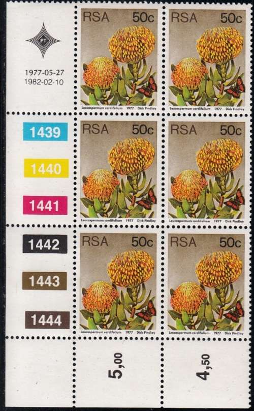 RSA 1977 3rd DEFINITIVE ISSUE 50c CONTROL BLOCK OF 6 (10-2-82) MNH (SACC 432a)