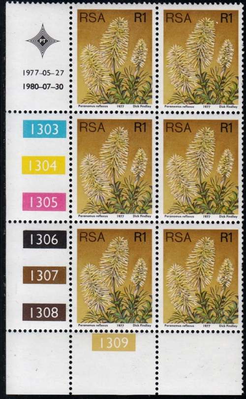 RSA 1977 3rd DEFINITIVE ISSUE R1 CONTROL BLOCK OF 6 (30-7-80) MNH (SACC 433a)