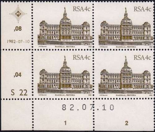 RSA 1982 4th DEFINITIVE ISSUE 4c CONTROL BLOCK OF 4 PLATE NO S22 MNH (SACC 518)