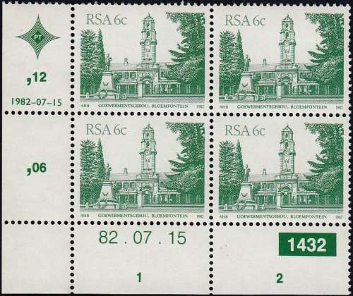 RSA 1982 4th DEFINITIVE ISSUE 6c CONTROL BLOCK OF 4 PLATE NO 1432 MNH (SACC 520)