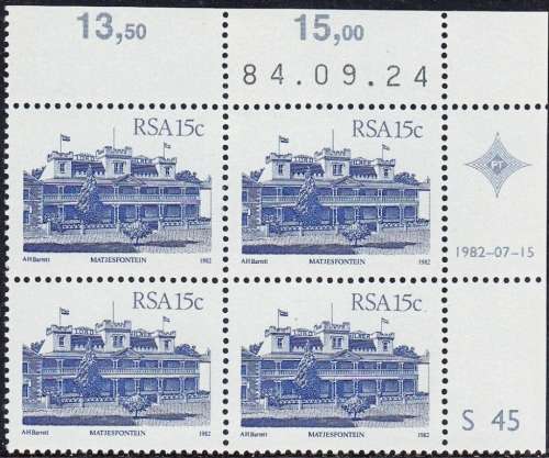 RSA 1982 4th DEFINITIVE ISSUE 15c CONTROL BLOCK OF 4 PLATE NO S45 MNH (SACC 525a)