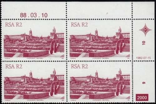 RSA 1982: 4th DEFINITIVE ISSUE R2 CONTROL BLOCK OF 4 CYL 2000 MNH (SACC 531a)