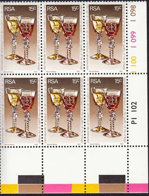 RSA 1977: INTERNATIONAL WINE SYMPOSIUM EXTENDED CONTROL BLOCK OF 6 MNH (SACC415)