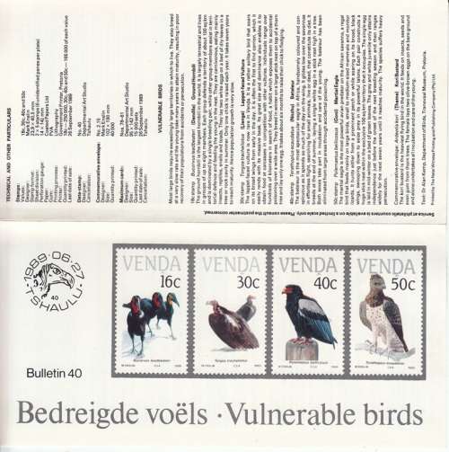VENDA BULLETIN#40 1989: VULNERABLE BIRDS - TECHNICAL INFO ABOUT STAMPS ISSUED
