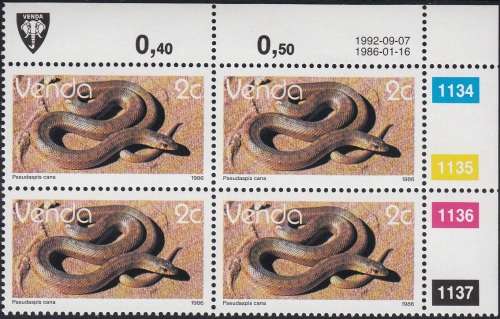 VENDA 1986: 2nd DEFINITIVE ISSUE: REPTILES 2c CONTROL BLOCK OF 4 (1992) MNH (SACC 122a)