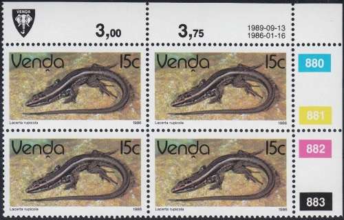 VENDA 1986: 2nd DEFINITIVE ISSUE: REPTILES 15c CONTROL BLOCK OF 4 (1989) MNH (SACC 131a)