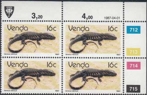 VENDA 1986: 2nd DEFINITIVE ISSUE: REPTILES 16c CONTROL BLOCK OF 4 (1987) MNH (SACC 155)