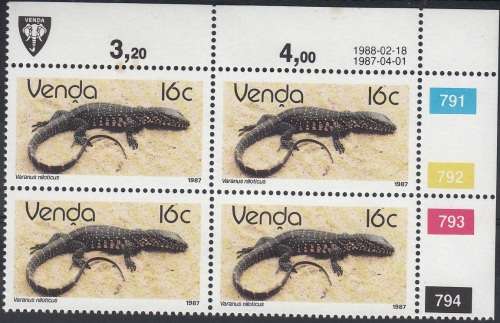 VENDA 1986: 2nd DEFINITIVE ISSUE: REPTILES 16c CONTROL BLOCK OF 4 (18-2-1988) MNH (SACC 155)