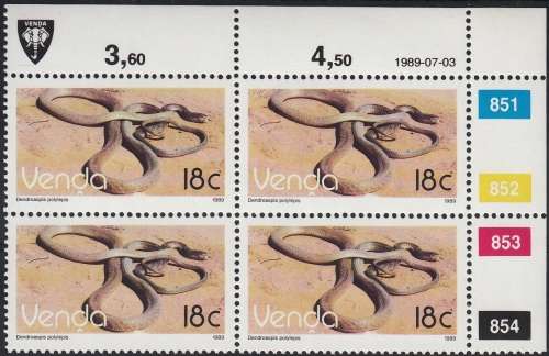 VENDA 1989: 2nd DEFINITIVE ISSUE: REPTILES 18c CONTROL BLOCK OF 4 MNH (SACC 196)
