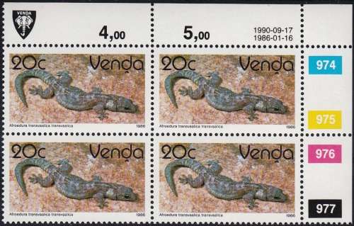 VENDA 1986: 2nd DEFINITIVE ISSUE: REPTILES 20c CONTROL BLOCK OF 4 (1990) MNH (SACC 132)