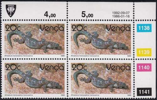 VENDA 1986: 2nd DEFINITIVE ISSUE: REPTILES 20c CONTROL BLOCK OF 4 (1992) MNH (SACC 132a)