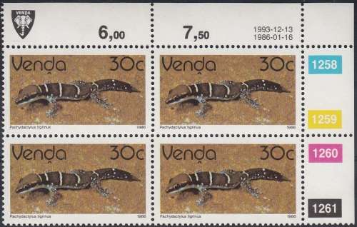 VENDA 1986: 2nd DEFINITIVE ISSUE: REPTILES 30c CONTROL BLOCK OF 4 (1993) MNH (SACC 134)