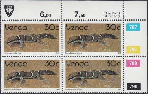 VENDA 1986: 2nd DEFINITIVE ISSUE: REPTILES 30c CONTROL BLOCK OF 4 (1987) MNH (SACC 134)