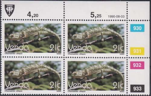 VENDA 1990: 2nd DEFINITIVE ISSUE: REPTILES 21c CONTROL BLOCK OF 4 MNH (SACC 209)