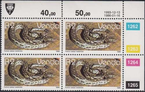 VENDA 1986: 2nd DEFINITIVE ISSUE: REPTILES R2 CONTROL BLOCK OF 4 (1993) MNH (SACC 137)